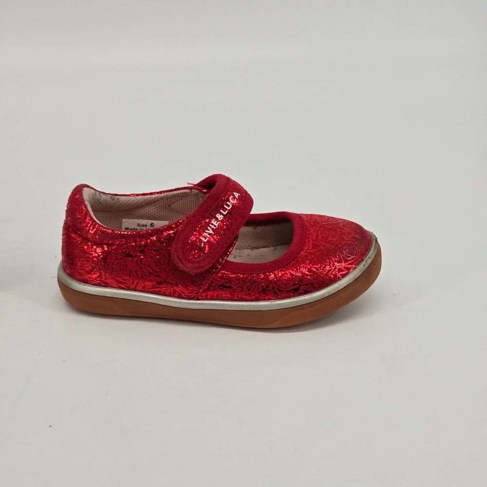 Livie Luca Toddler Girls 6 Red Metallic Foil Rose Mary Jane Shoes Festive Casual
